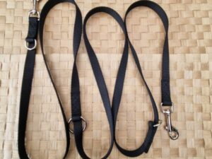 Koppel Nylon med 2 st karbinhakar Svart Längd ca 220 cm Bredd 15 mm