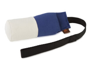 Tygdummy Ca 250 g Blå/vit Bandhandtag Totallängd utan handtag ca 19 cm Diameter ca 6 cm